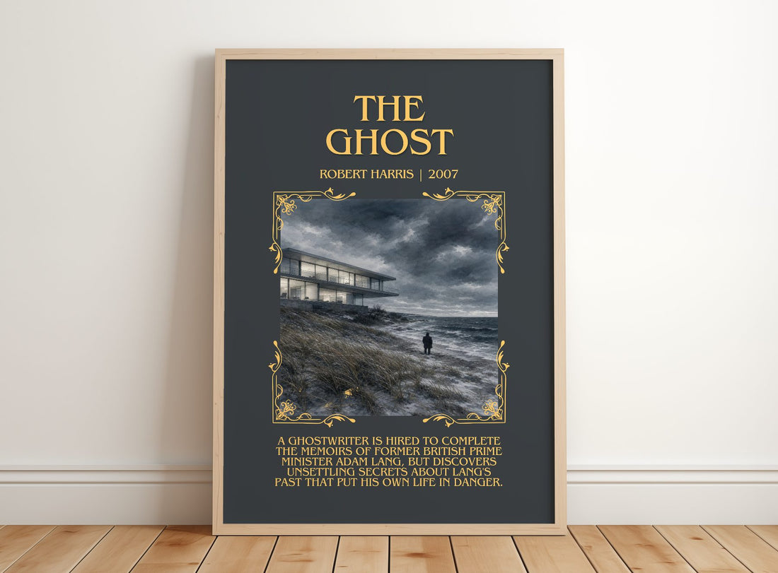The Ghost Minimalist Book Poster by Robert Harris – framed print leaning on a wooden floor