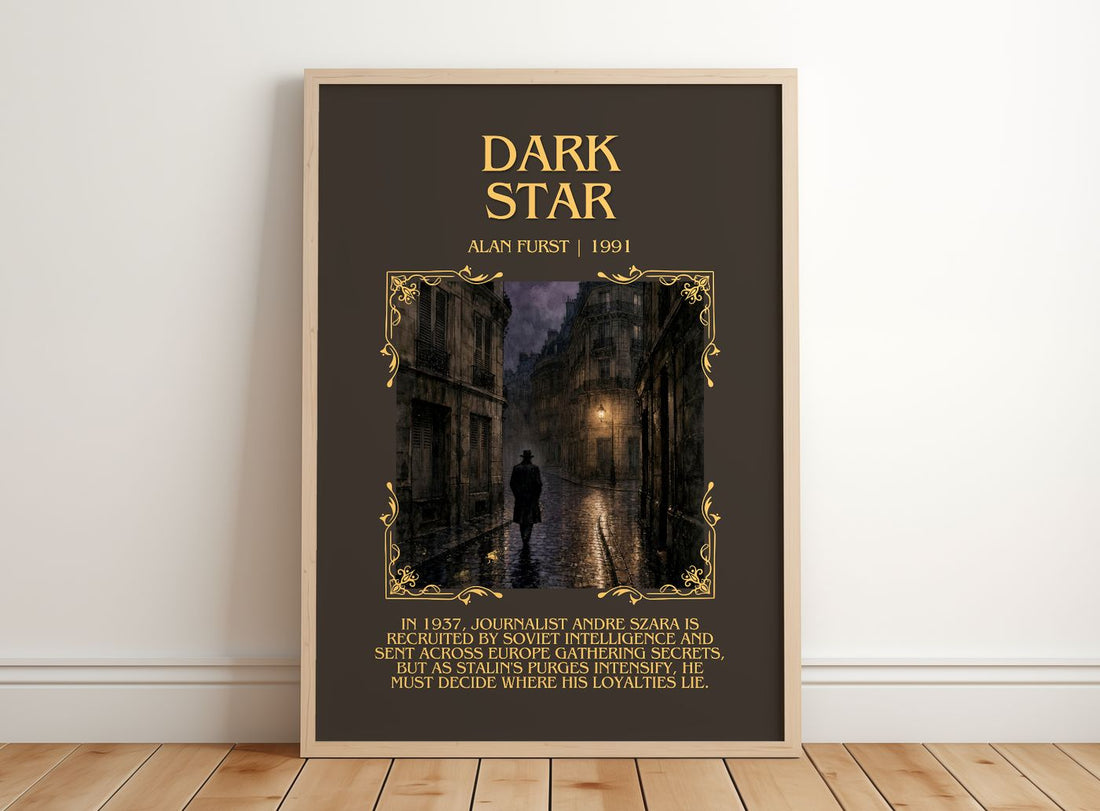 Dark Star Minimalist Book Poster by Alan Furst – framed print leaning on a wooden floor
