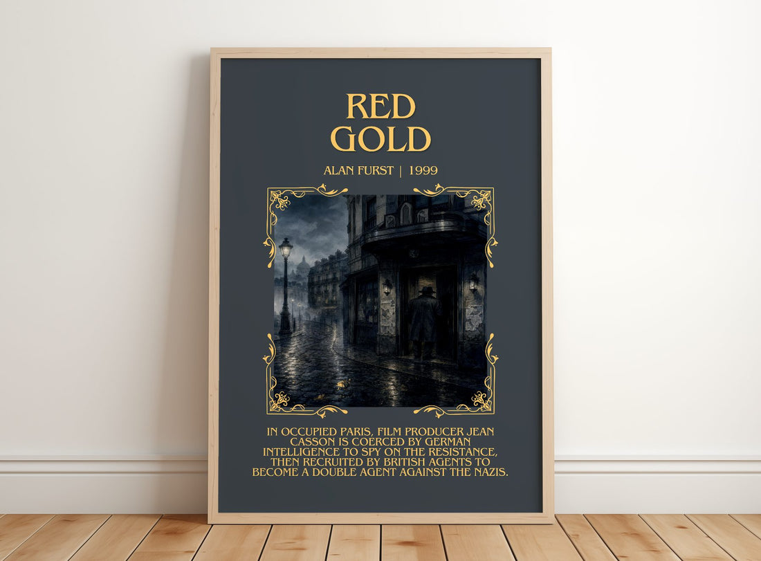 Red Gold Minimalist Book Poster by Alan Furst – framed print leaning on a wooden floor