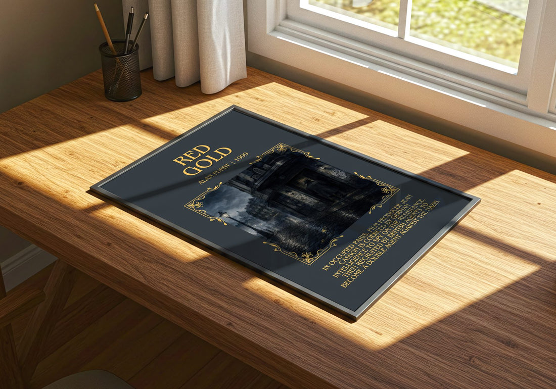 Red Gold Minimalist Book Poster by Alan Furst – print on a sunlit desk