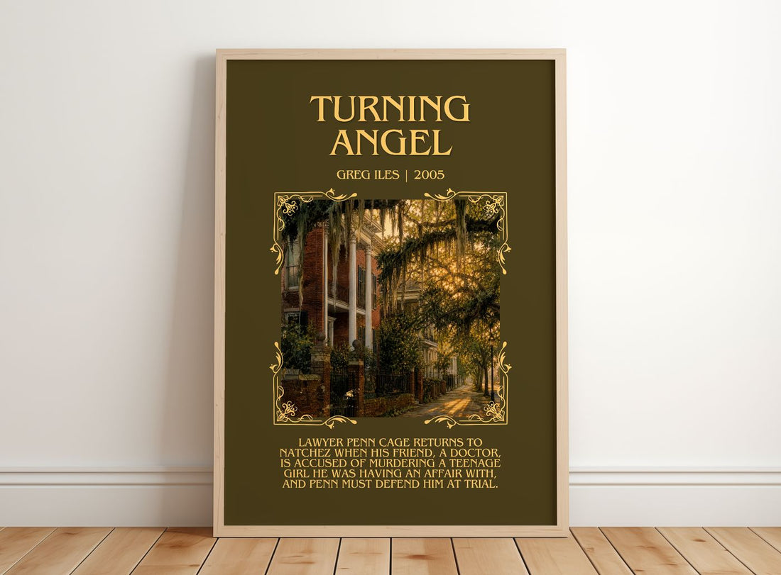 Turning Angel Minimalist Book Poster by Greg Iles – framed print leaning on a wooden floor