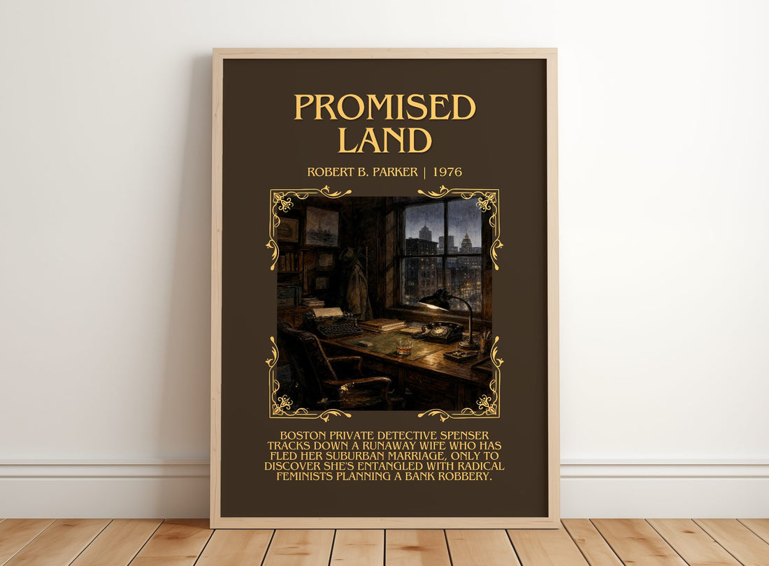 Promised Land Minimalist Book Poster by Robert B. Parker – framed print leaning on a wooden floor