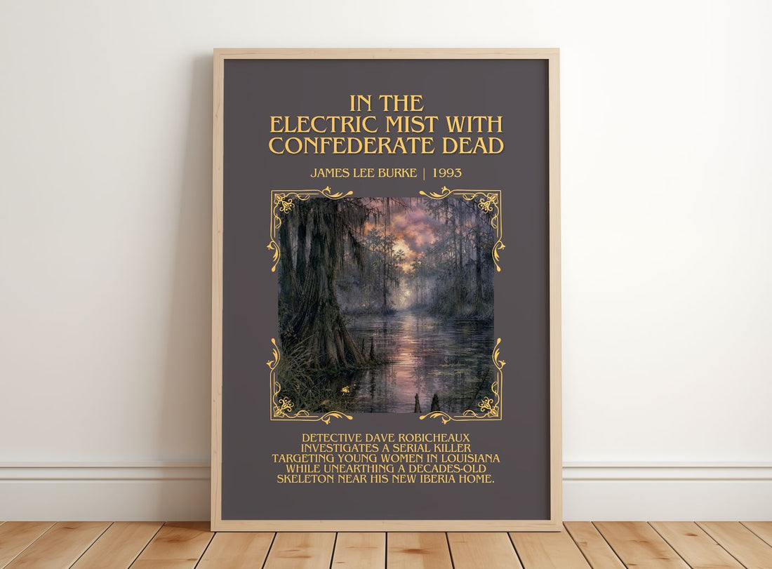 In the Electric Mist with Confederate Dead Minimalist Book Poster – – framed print leaning on a wooden floor