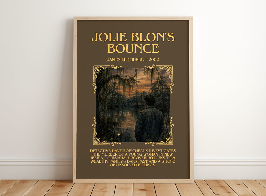 Jolie Blon's Bounce Minimalist Book Poster by James Lee Burke – framed print leaning on a wooden floor
