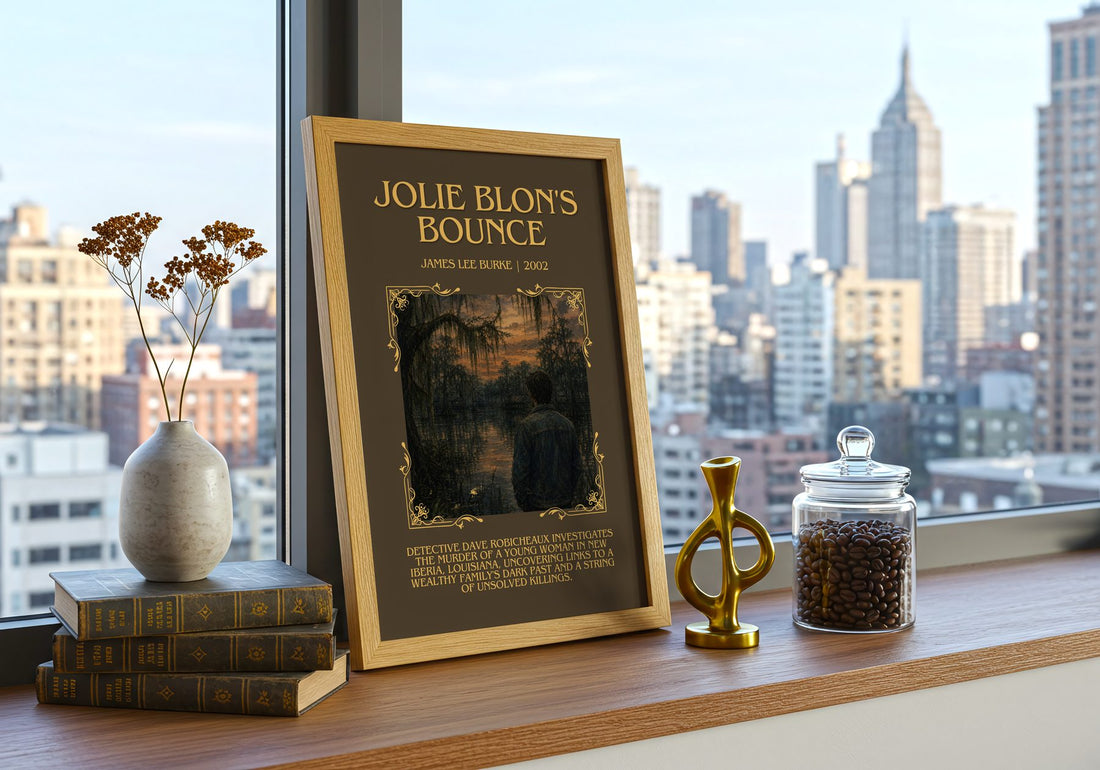 Jolie Blon's Bounce Minimalist Book Poster by James Lee Burke – framed print on a city-view windowsill