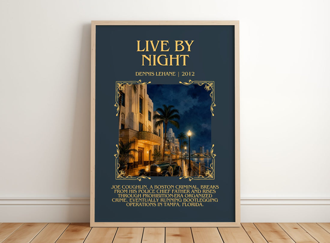 Live by Night Minimalist Book Poster by Dennis Lehane – framed print leaning on a wooden floor