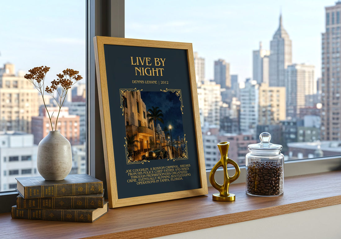 Live by Night Minimalist Book Poster by Dennis Lehane – framed print on a city-view windowsill