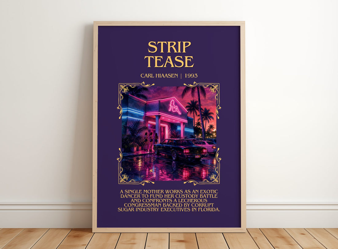 Strip Tease Minimalist Book Poster by Carl Hiaasen – framed print leaning on a wooden floor