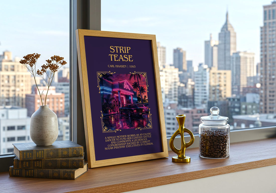 Strip Tease Minimalist Book Poster by Carl Hiaasen – framed print on a city-view windowsill