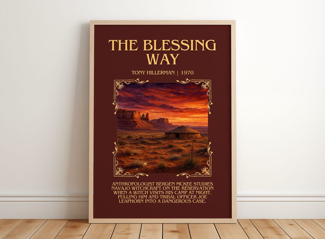 The Blessing Way Minimalist Book Poster by Tony Hillerman – framed print leaning on a wooden floor