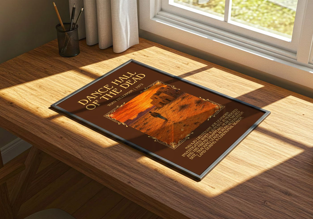Dance Hall of the Dead Minimalist Book Poster by Tony Hillerman – print on a sunlit desk