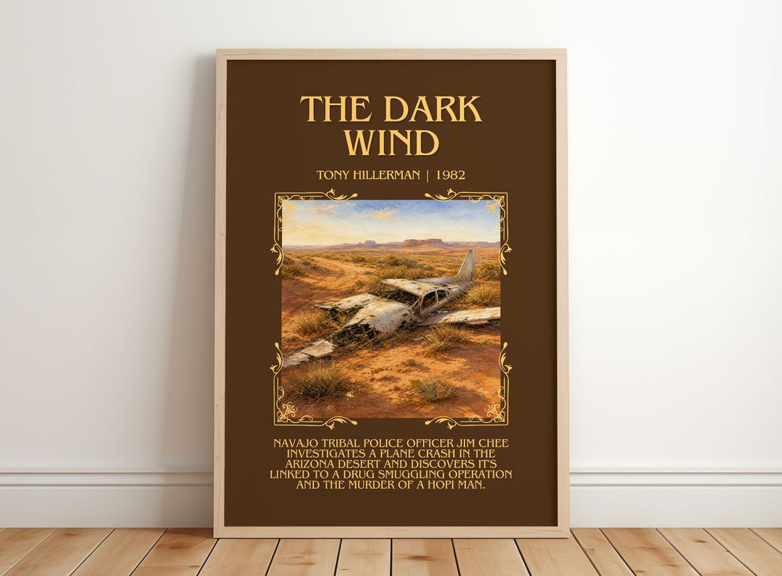 The Dark Wind Minimalist Book Poster by Tony Hillerman – framed print leaning on a wooden floor