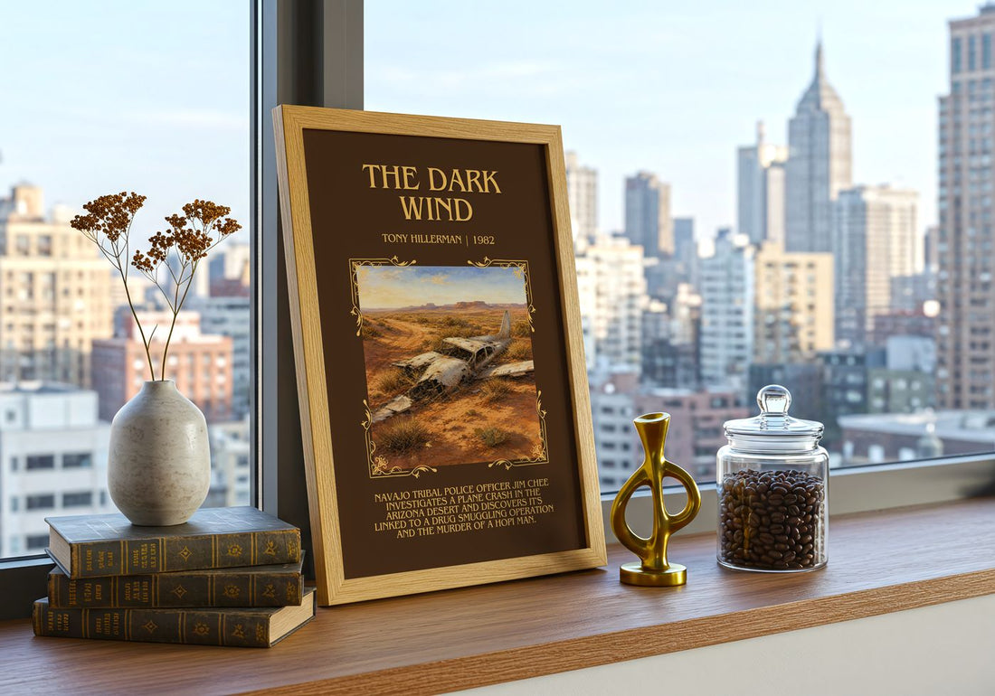 The Dark Wind Minimalist Book Poster by Tony Hillerman – framed print on a city-view windowsill