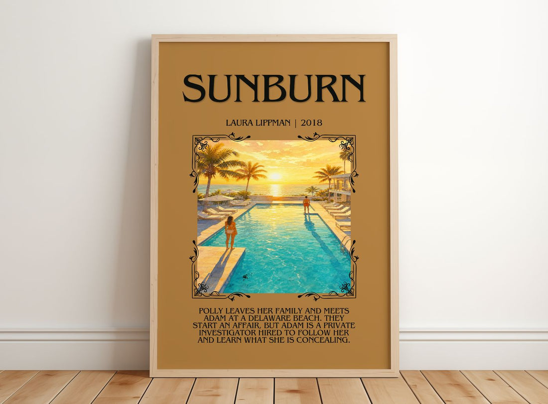 Sunburn Minimalist Book Poster by Laura Lippman – framed print leaning on a wooden floor