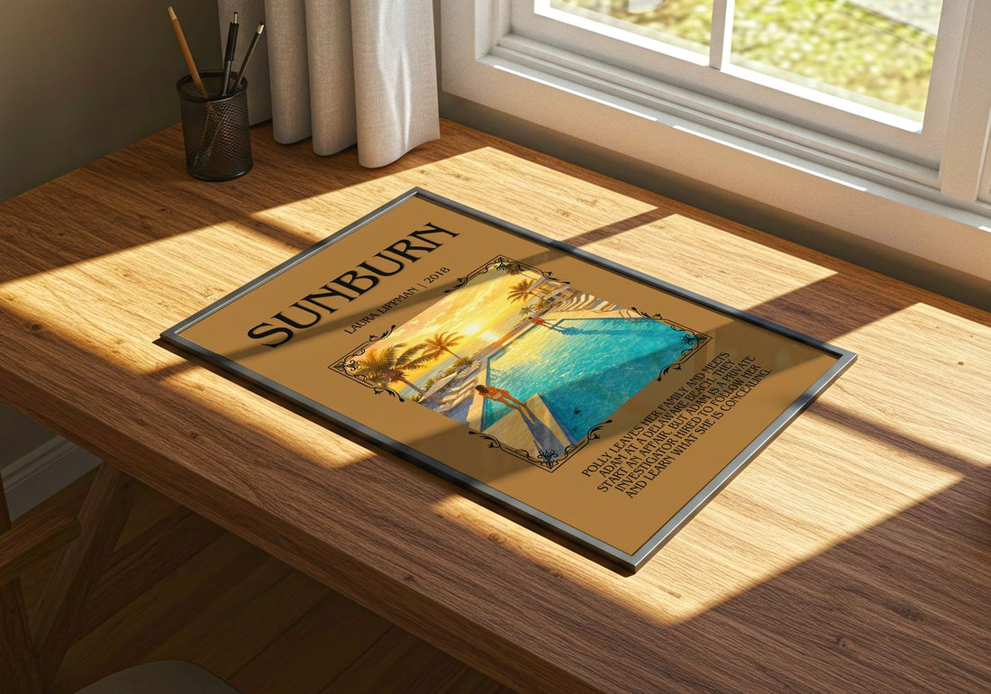 Sunburn Minimalist Book Poster by Laura Lippman – print on a sunlit desk