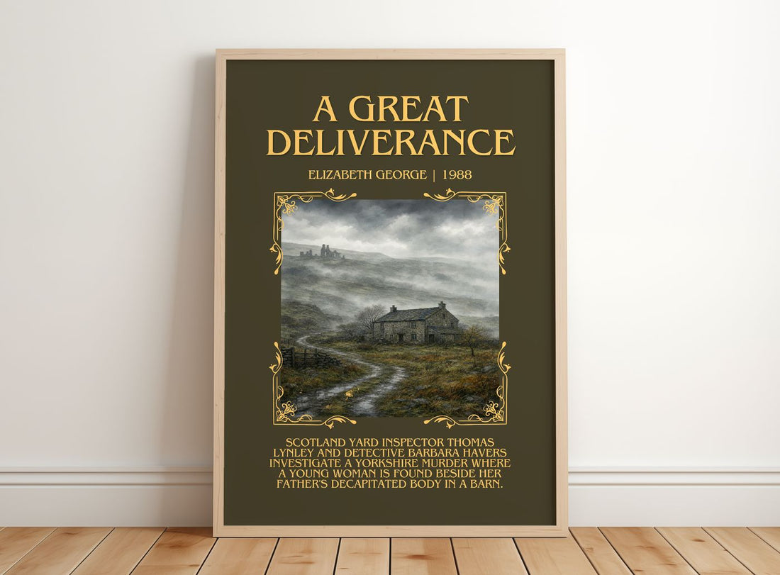 A Great Deliverance Minimalist Book Poster by Elizabeth George – framed print leaning on a wooden floor