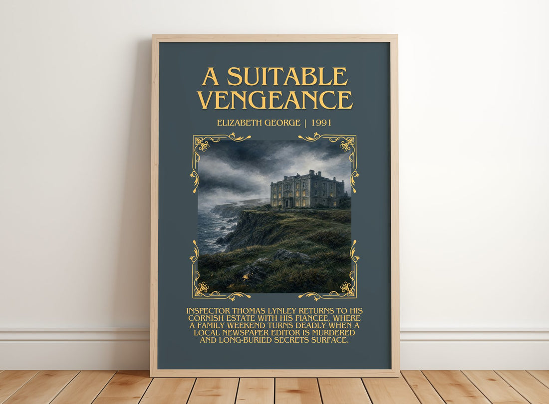 A Suitable Vengeance Minimalist Book Poster by Elizabeth George – framed print leaning on a wooden floor