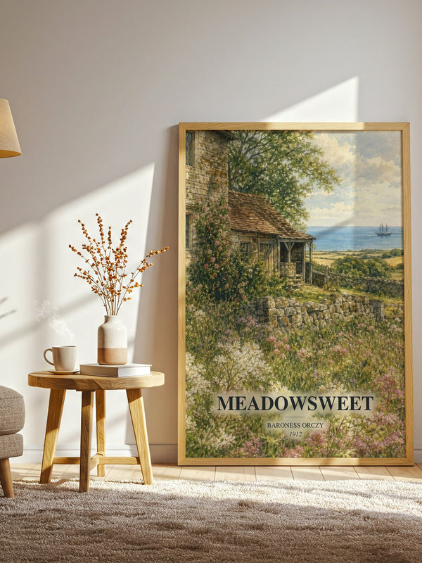 Meadowsweet watercolour print in frame leaning in hallway – romance wall art