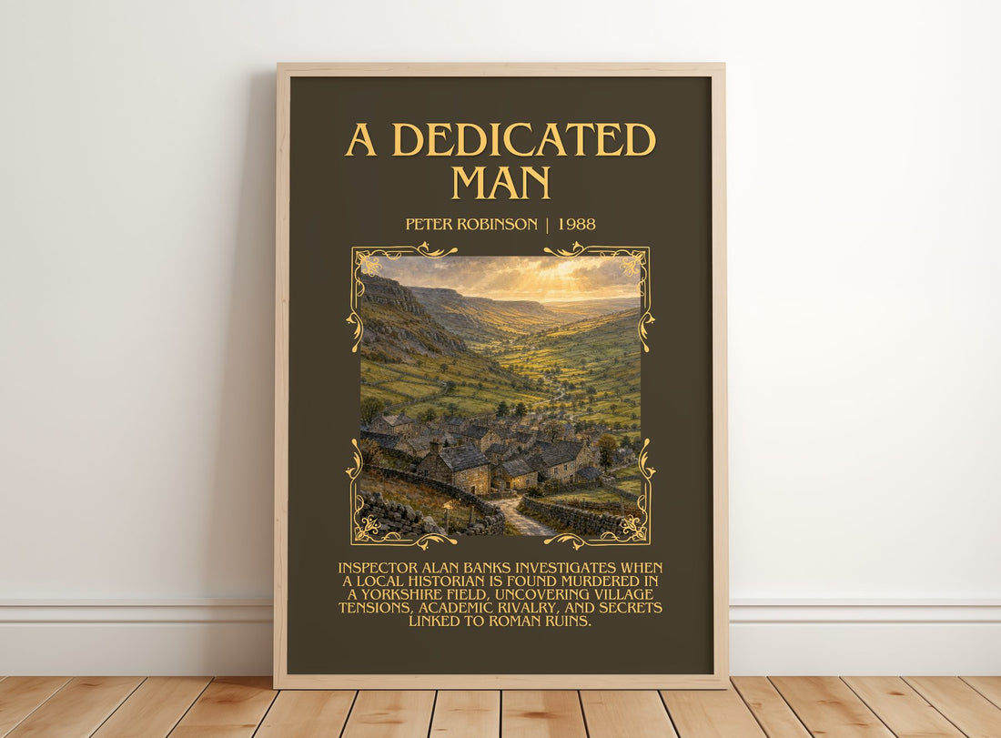 A Dedicated Man Minimalist Book Poster by Peter Robinson – framed print leaning on a wooden floor