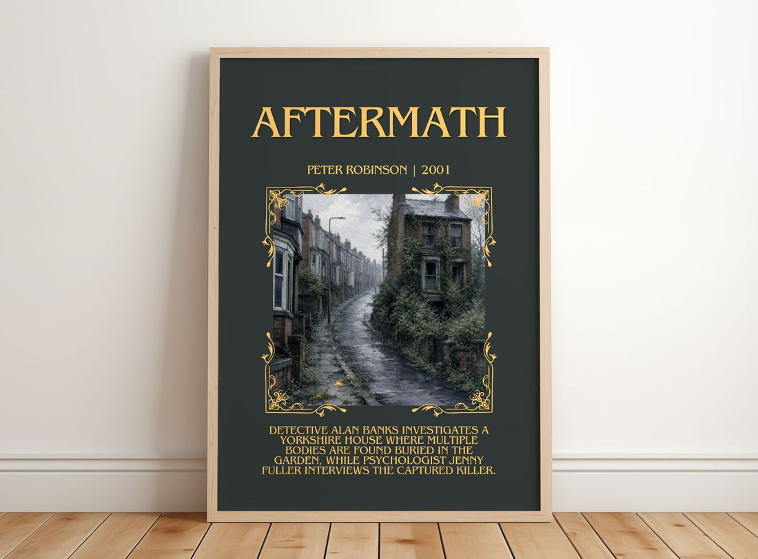 Aftermath Minimalist Book Poster by Peter Robinson – framed print leaning on a wooden floor