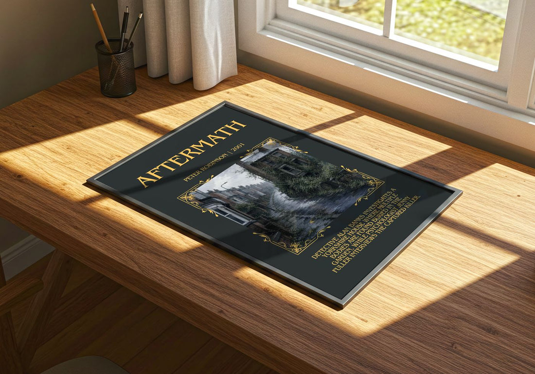 Aftermath Minimalist Book Poster by Peter Robinson – print on a sunlit desk