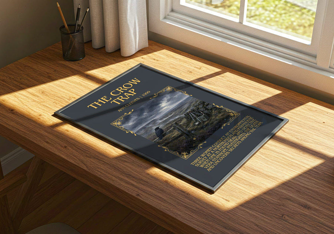 The Crow Trap Minimalist Book Poster by Ann Cleeves – print on a sunlit desk
