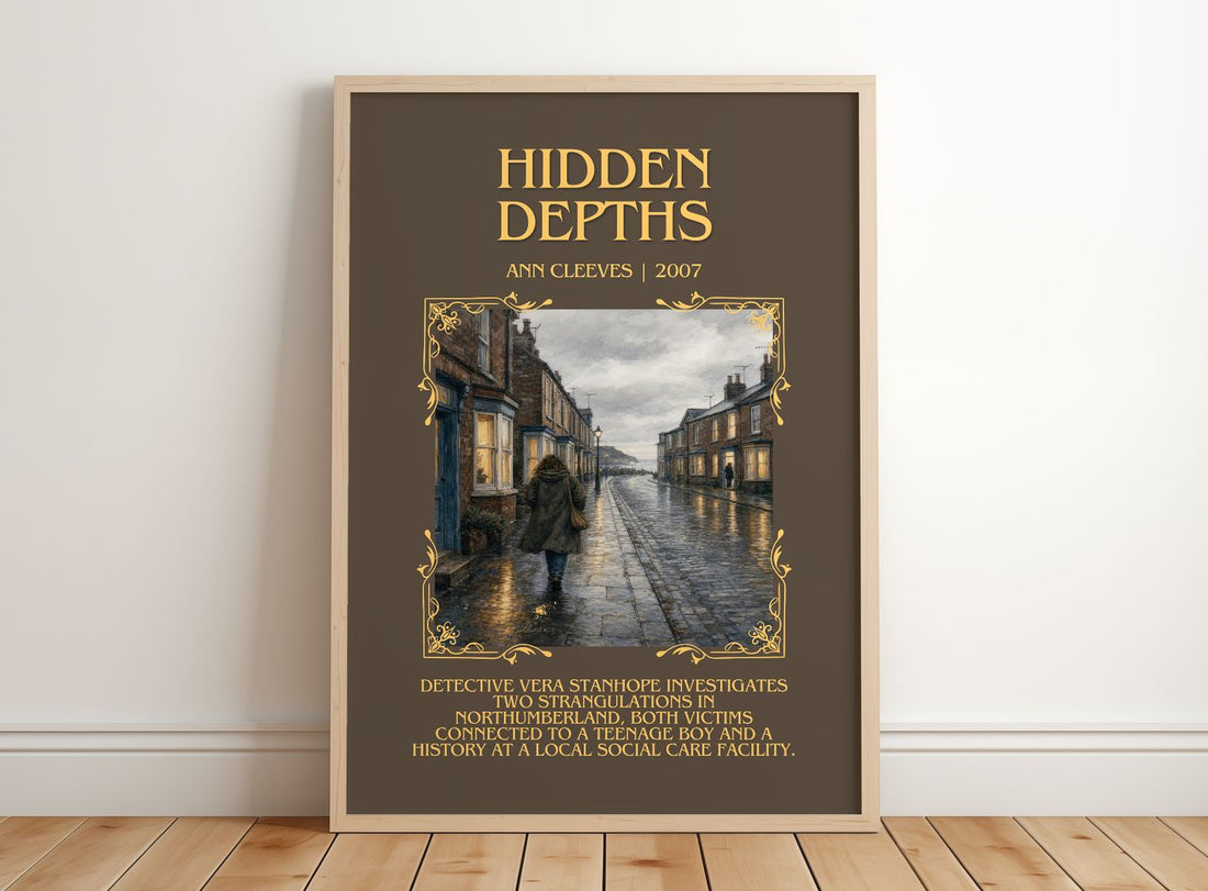 Hidden Depths Minimalist Book Poster by Ann Cleeves – framed print leaning on a wooden floor