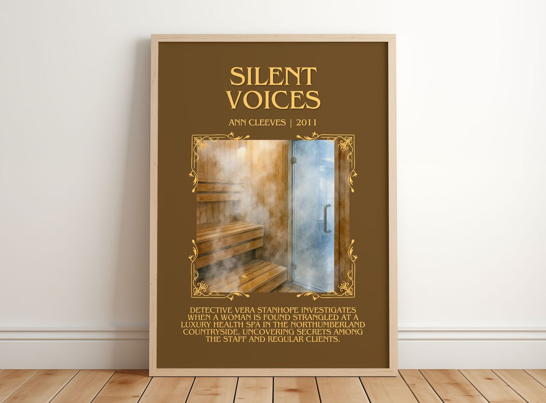 Silent Voices Minimalist Book Poster by Ann Cleeves – framed print leaning on a wooden floor