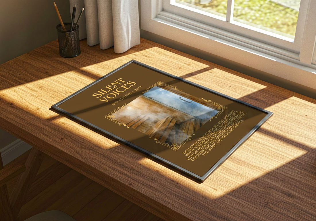 Silent Voices Minimalist Book Poster by Ann Cleeves – print on a sunlit desk