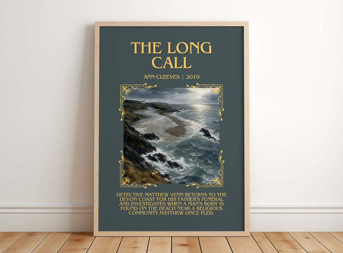The Long Call Minimalist Book Poster by Ann Cleeves – framed print leaning on a wooden floor