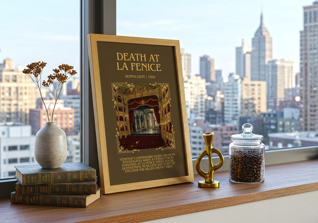 Death at La Fenice Minimalist Book Poster by Donna Leon – framed print on a city-view windowsill