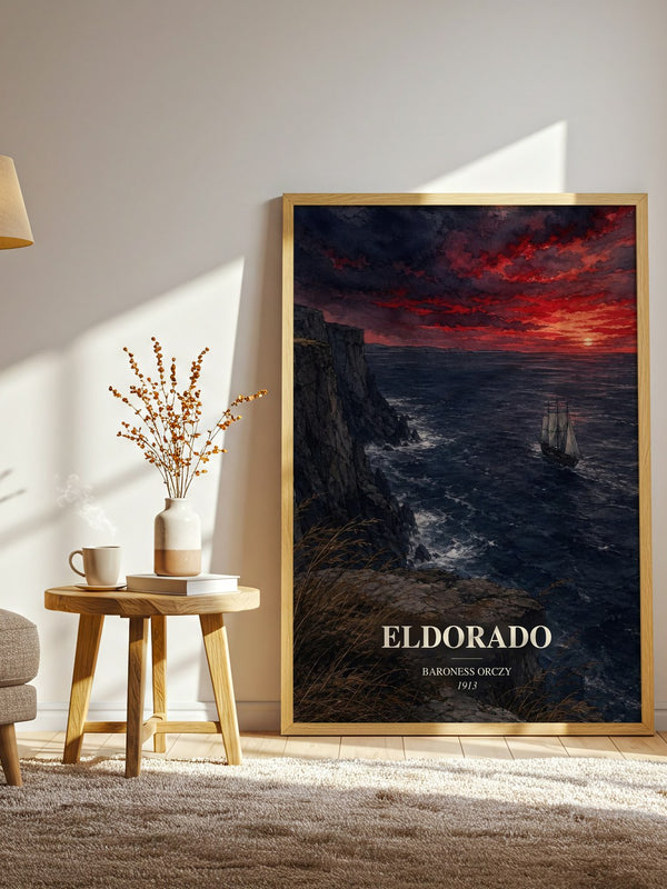 Eldorado watercolour print in frame leaning in hallway – historical fiction wall art