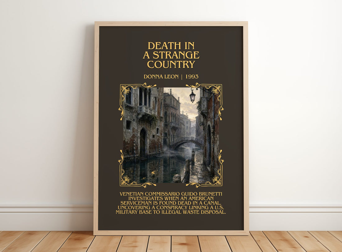 Death in a Strange Country Minimalist Book Poster by Donna Leon – framed print leaning on a wooden floor