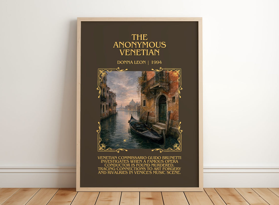 The Anonymous Venetian Minimalist Book Poster by Donna Leon – framed print leaning on a wooden floor
