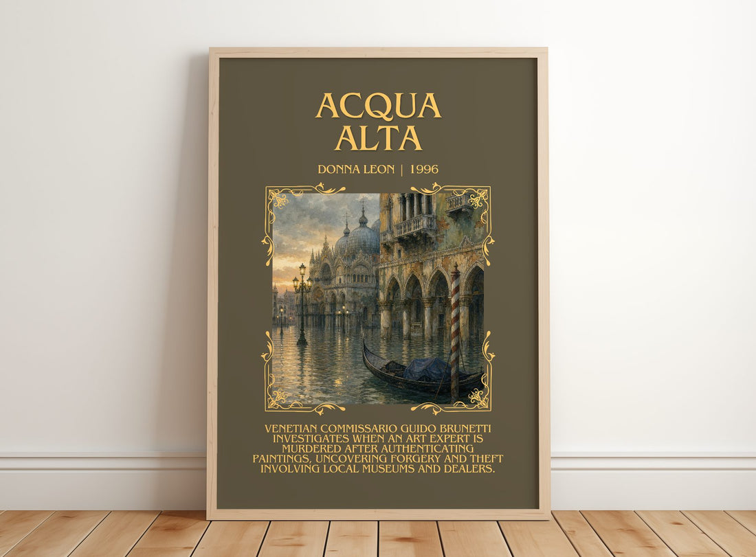 Acqua Alta Minimalist Book Poster by Donna Leon – framed print leaning on a wooden floor