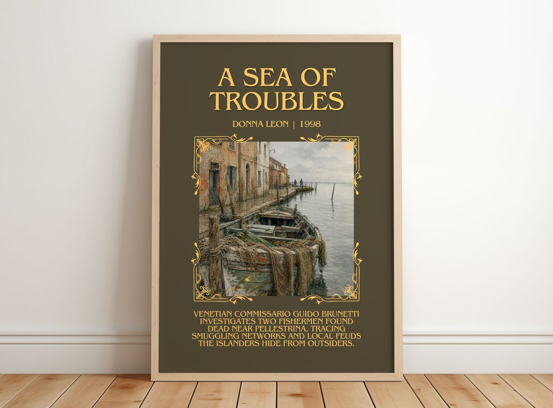 A Sea of Troubles Minimalist Book Poster by Donna Leon – framed print leaning on a wooden floor