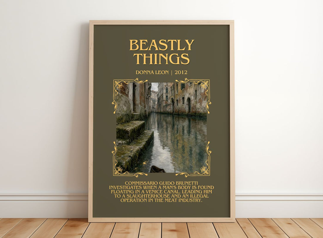 Beastly Things Minimalist Book Poster by Donna Leon – framed print leaning on a wooden floor