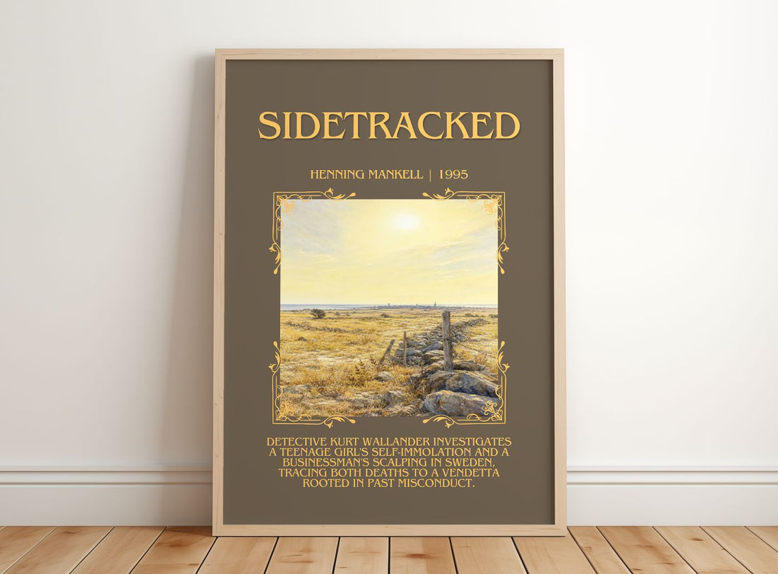 Sidetracked Minimalist Book Poster by Henning Mankell – framed print leaning on a wooden floor