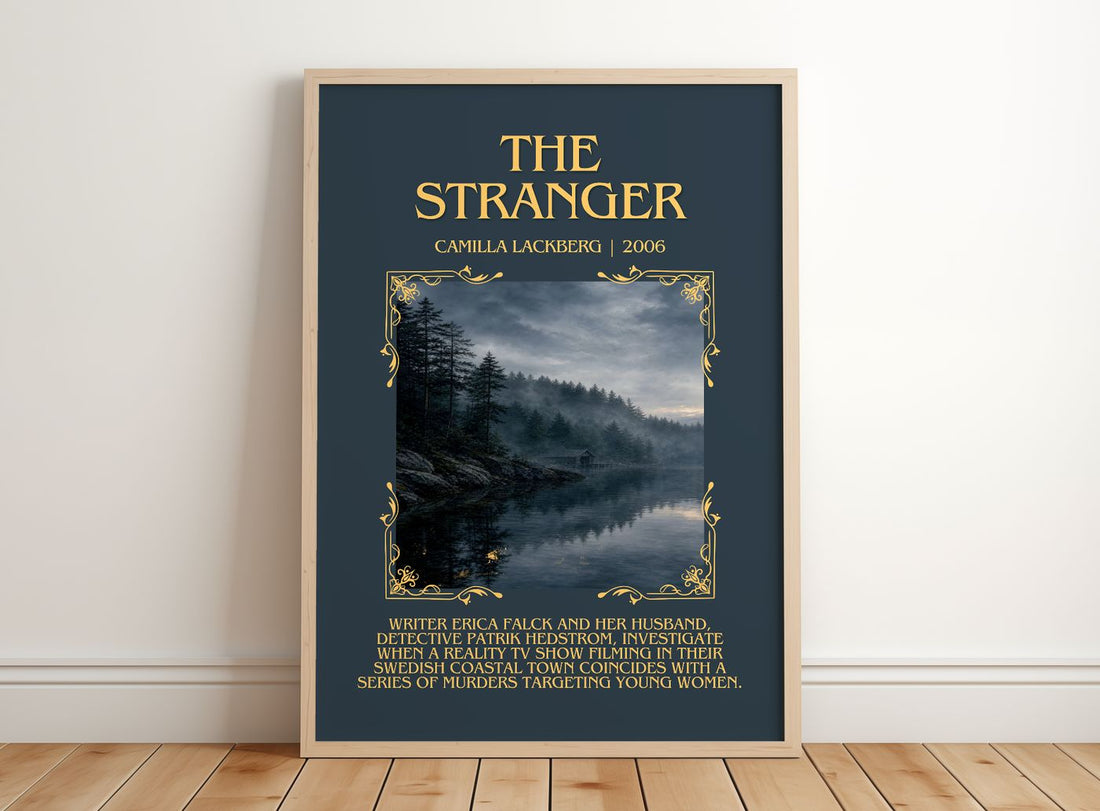 The Stranger Minimalist Book Poster by Camilla Läckberg – framed print leaning on a wooden floor