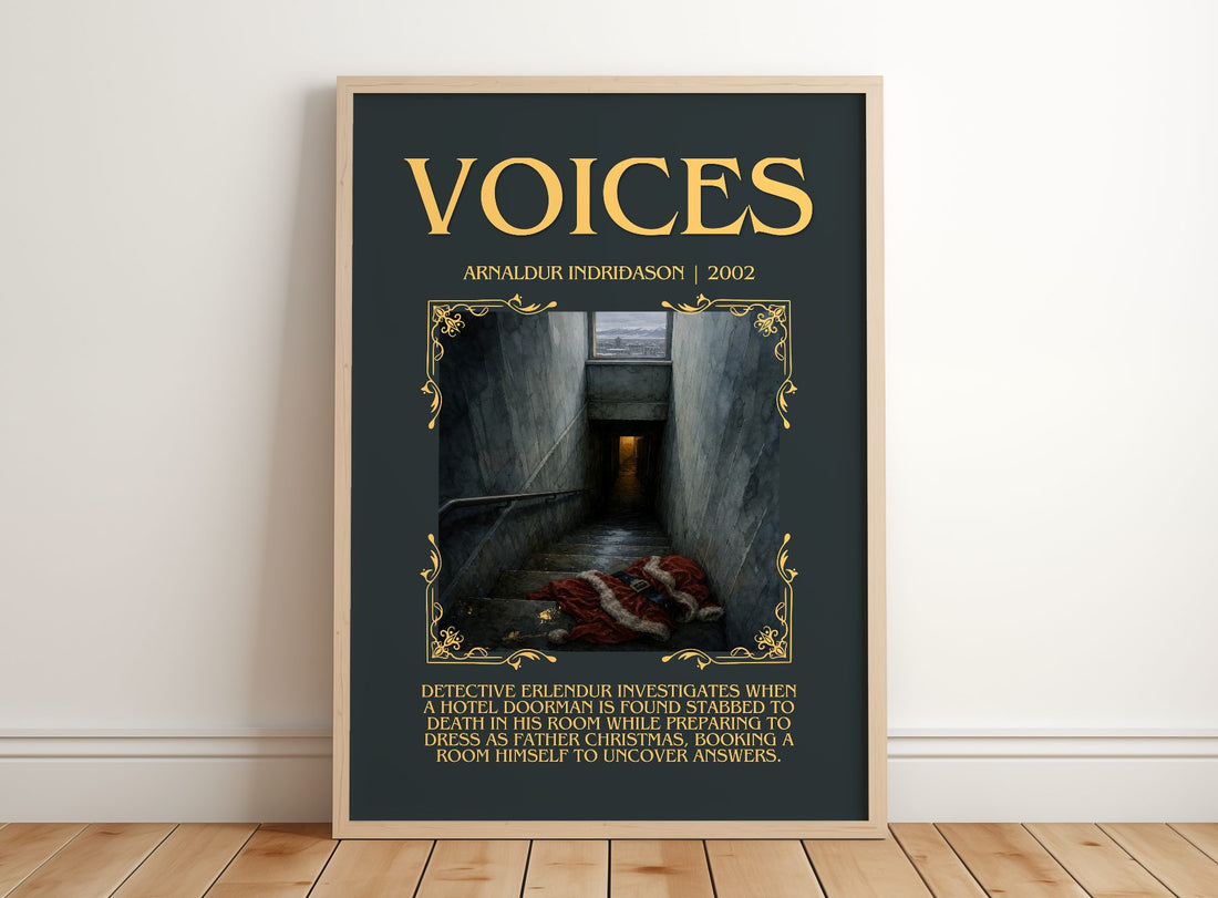 Voices Minimalist Book Poster by Arnaldur Indriðason – framed print leaning on a wooden floor