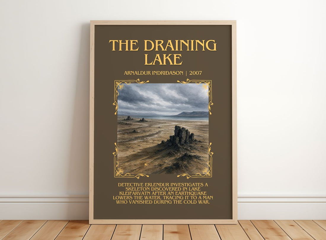 The Draining Lake Minimalist Book Poster by Arnaldur Indriðason – framed print leaning on a wooden floor