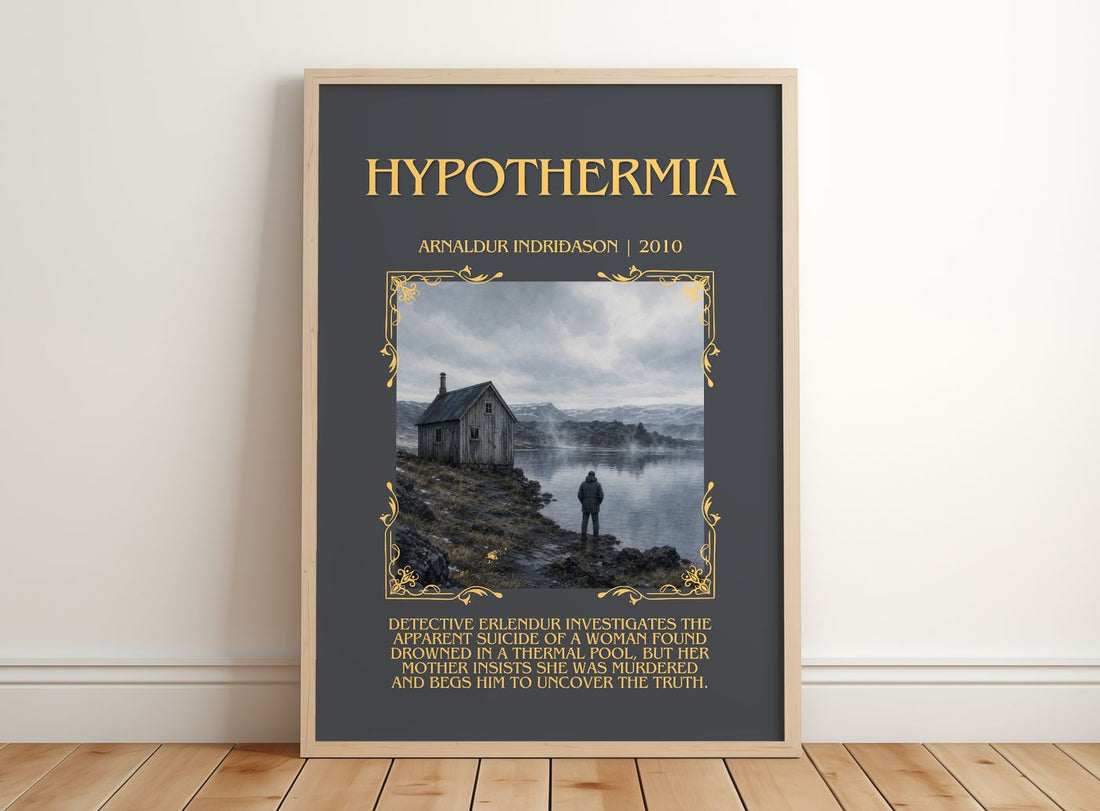 Hypothermia Minimalist Book Poster by Arnaldur Indriðason – framed print leaning on a wooden floor