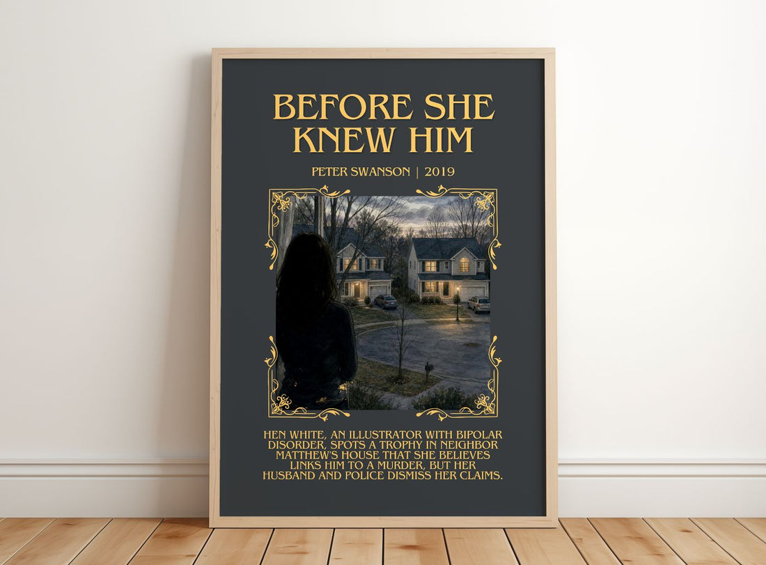 Before She Knew Him Minimalist Book Poster by Peter Swanson – framed print leaning on a wooden floor