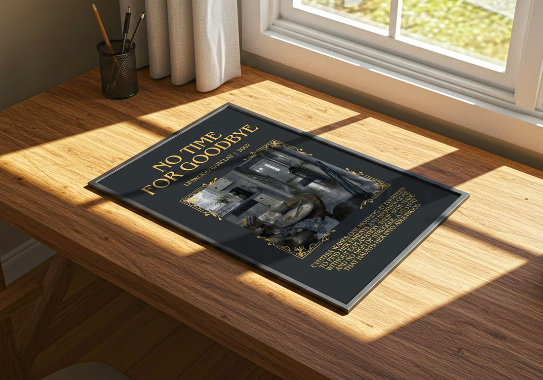 No Time for Goodbye Minimalist Book Poster by Linwood Barclay – print on a sunlit desk