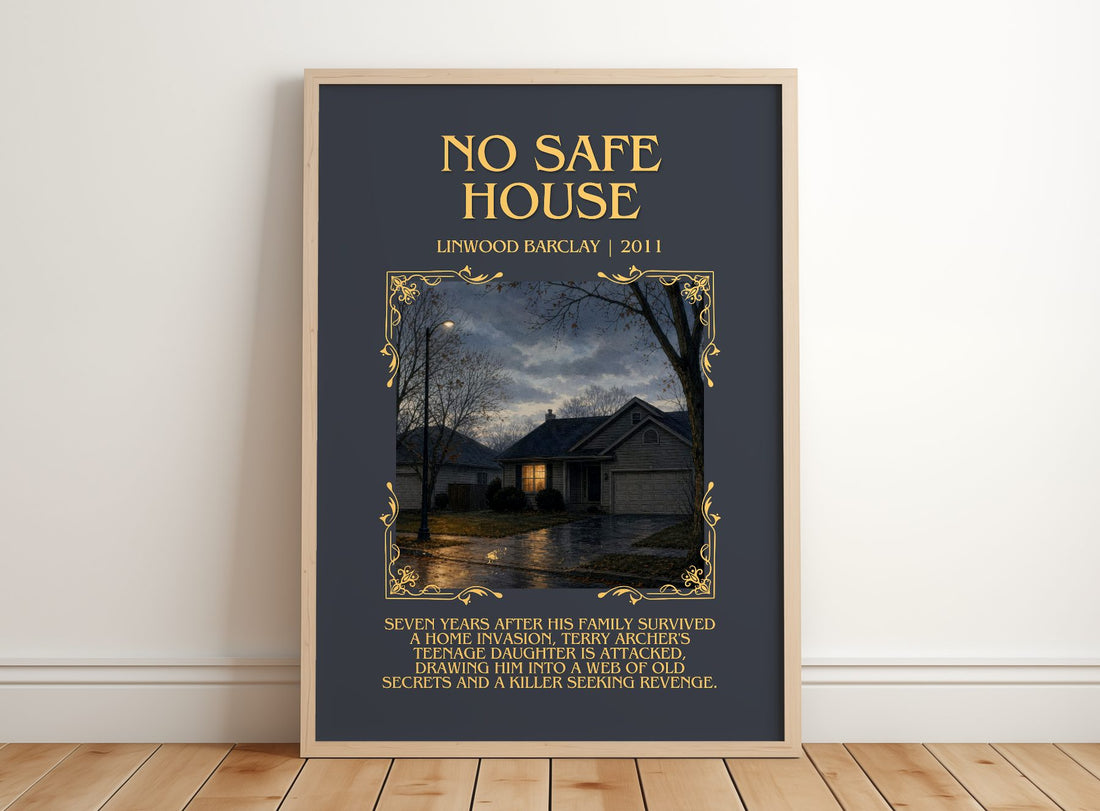 No Safe House Minimalist Book Poster by Linwood Barclay – framed print leaning on a wooden floor