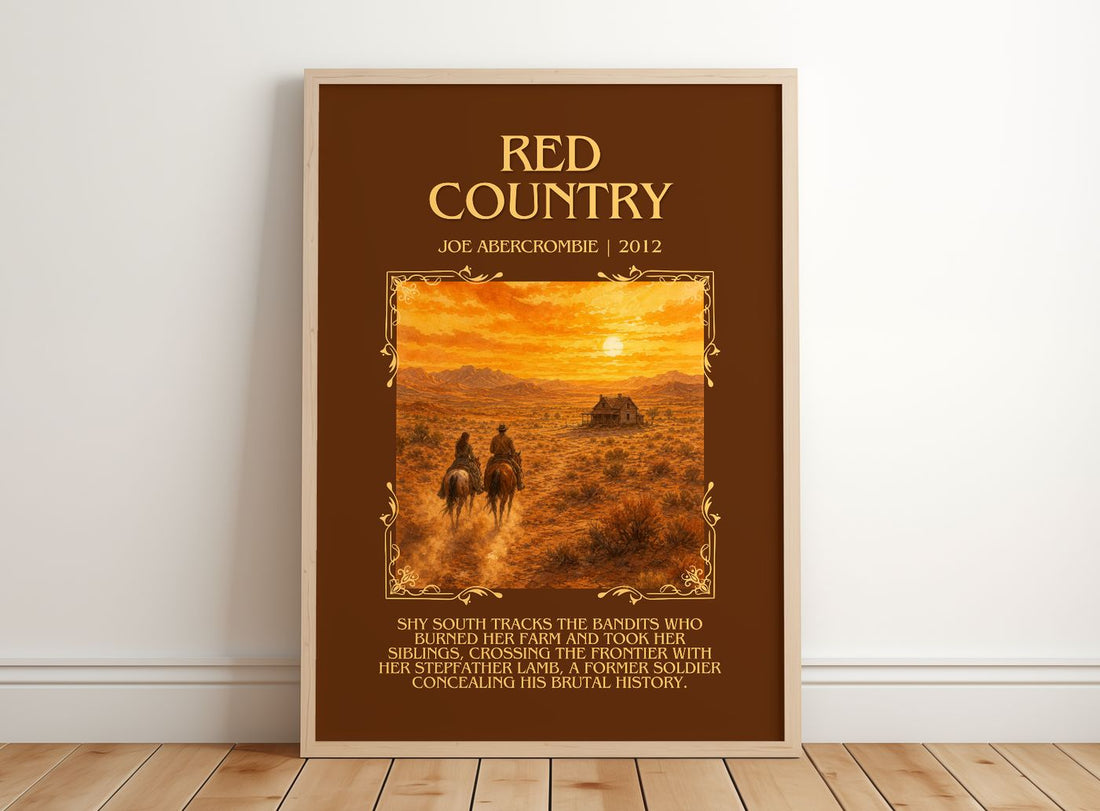 Red Country Minimalist Book Poster by Joe Abercrombie – framed print leaning on a wooden floor