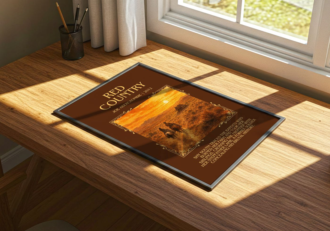 Red Country Minimalist Book Poster by Joe Abercrombie – print on a sunlit desk