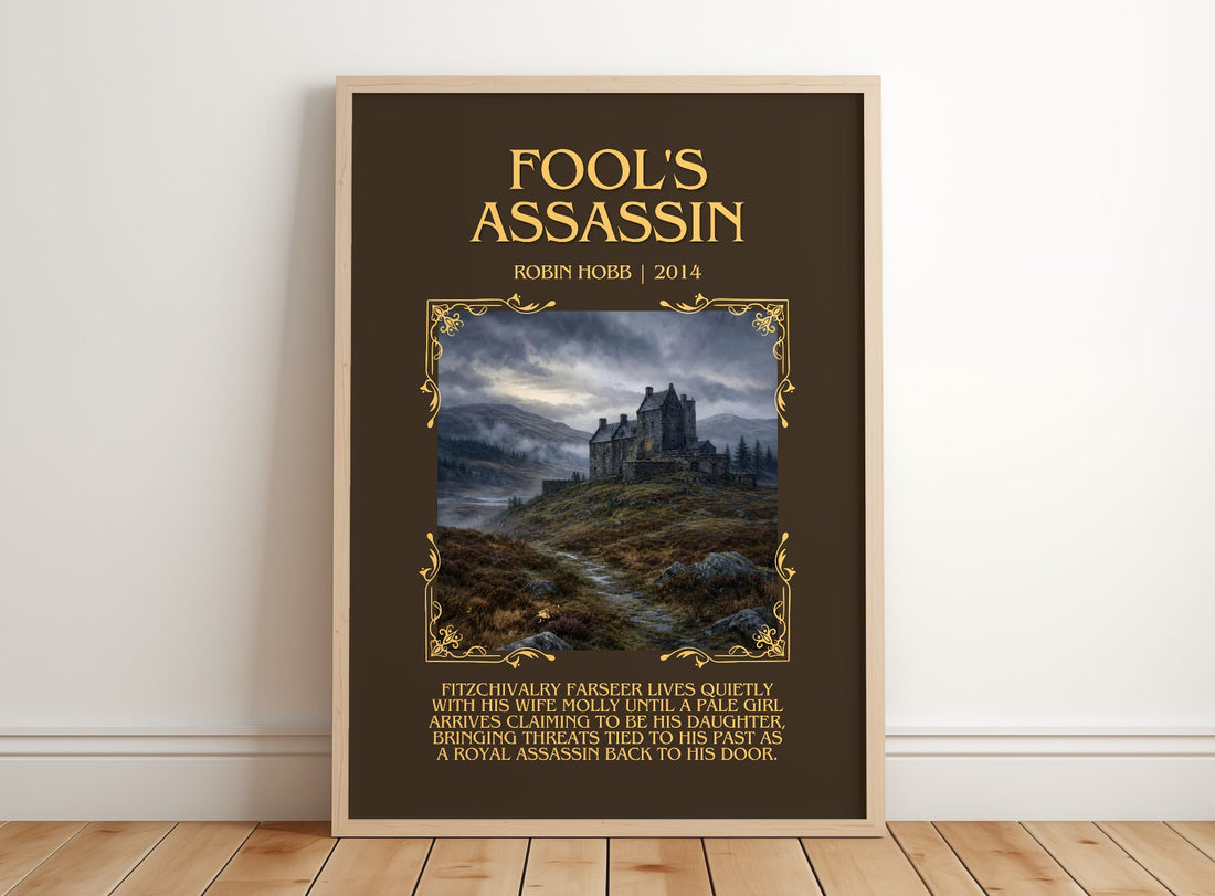 Fool's Assassin Minimalist Book Poster by Robin Hobb – framed print leaning on a wooden floor