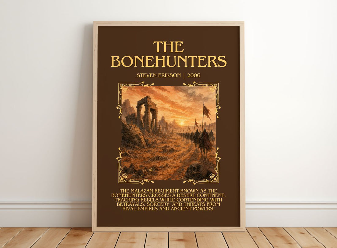 The Bonehunters Minimalist Book Poster by Steven Erikson – framed print leaning on a wooden floor