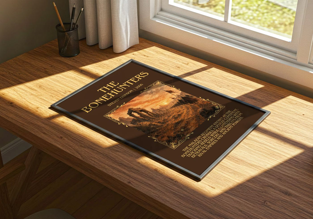 The Bonehunters Minimalist Book Poster by Steven Erikson – print on a sunlit desk